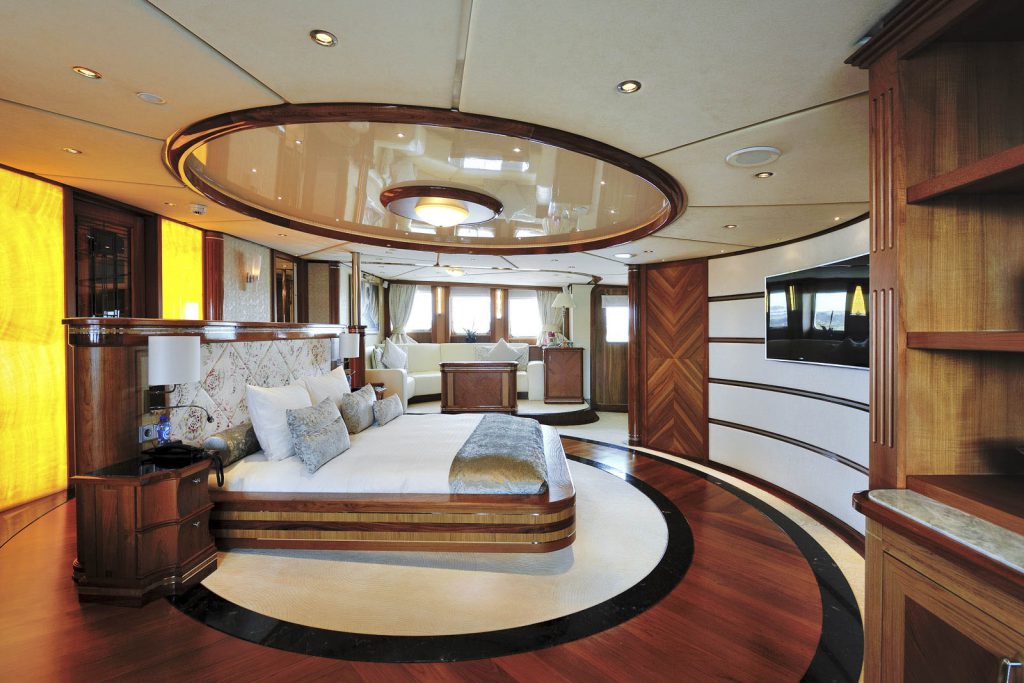 The master stateroom measures 69.25 sq meters and has a his and her bath room